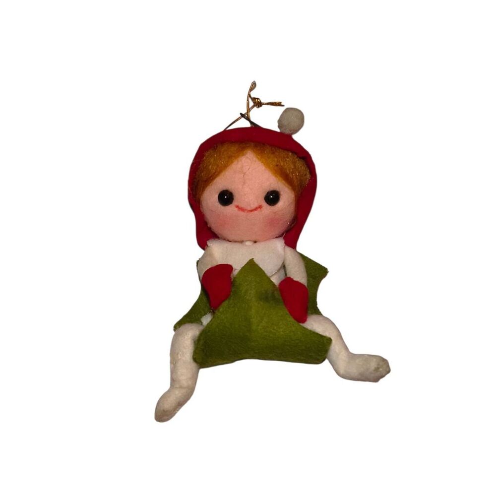 Vintage Pixie elf ornament kitschy red felt hood mittens green felt "leaf" seat